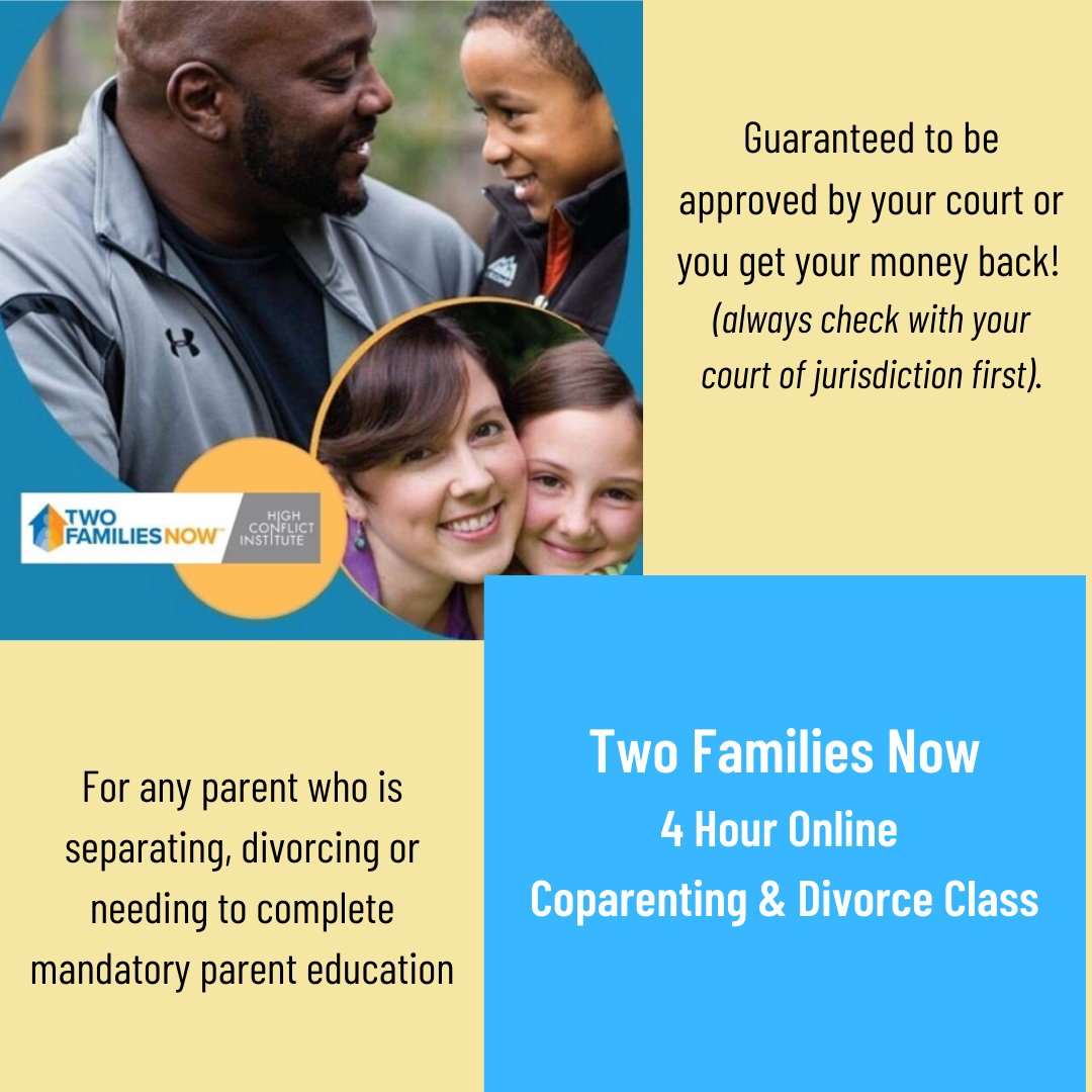 HighConflict's tweet photo. TWO FAMILIES NOW Online Co-parenting and Divorce Class provides parent education to parents who are divorcing or needing to complete mandatory parent education. https://t.co/LMy6d1RbkV
#parenteducator #parent #families #divorce #mediator #mediators #judges #familylaw #mediation https://t.co/8VpSdjge1I