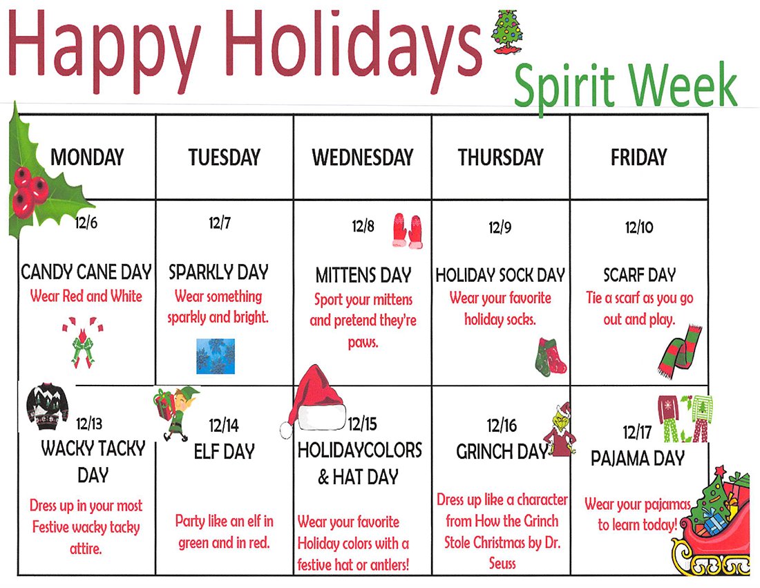 DelcoElementary's tweet photo. Dashing through the snow, laughing all the way … we’re in the holiday spirit! See below for our Spirit Week activities Dec. 6-17: https://t.co/S2lStcehHX