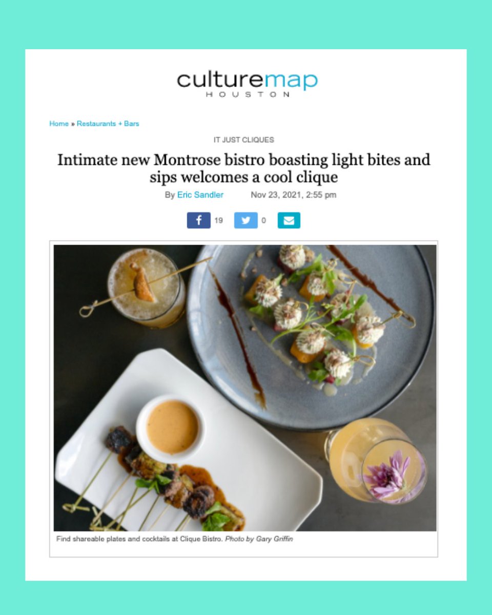 POPStudiosPR's tweet photo. #ICYMI - the word about PR client @cliquebistro is out! The industrial-chic spot is on the edge of Montrose/Midtown. The menu is an eclectic mix of international, elevated bites to share + craft cocktails, and we love the intimate vibe. Thanks, @culturemap! https://t.co/briPamcgca
