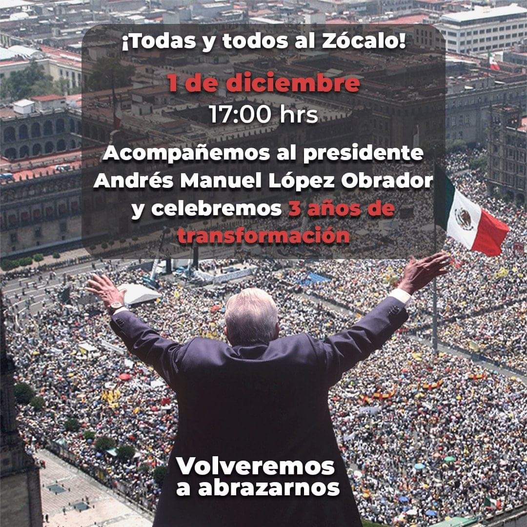 RedAMLOmx's tweet photo. Llegó el día todas y todos al Zócalo.

Acompañemos al presidente de México y festejemos 3 años de transformación.

¡Celebremos las victorias del pueblo!
#EsUnHonorEstarConObrador
#3AnosdeTransformacion
#InformeAlPueblo 🎯 🎯 https://t.co/et7ZADVsGF