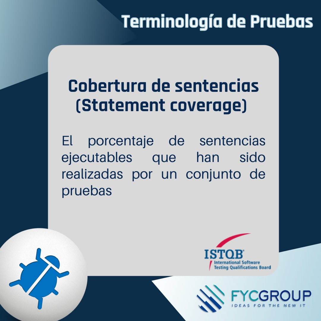 fycgroup's tweet photo. 📖Conozcamos nuestra  #TerminologiadePruebas y ¡En Español! 👩‍🏫
🐞 Cobertura de sentencias 🐞 (Statement coverage)

#ISTQBenEspañol #ISTQBPedia #HASQTB #SSTQB #CTFL #TerminosdePruebas #Coberturadesentencias #Statementcoverage #TestingManager #SoftwareTesters #TestingSoftware https://t.co/Tg0ULOTlVL