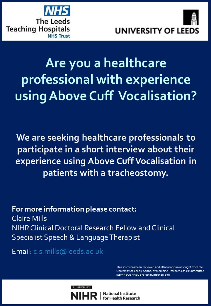 Claire Mills (@claire_mills3) on Twitter photo Are you a healthcare professional with experience using Above Cuff Vocalisation?
Would you be willing to participate in a short interview about your experiences?
If so, please contact c.s.mills@leeds.ac.uk for more information.
#TheACoUSTiCstudy @LeedsMedHealth Are you a healthcare professional with experience using Above Cuff Vocalisation?
Would you be willing to participate in a short interview about your experiences?
If so, please contact c.s.mills@leeds.ac.uk for more information.
#TheACoUSTiCstudy @LeedsMedHealth