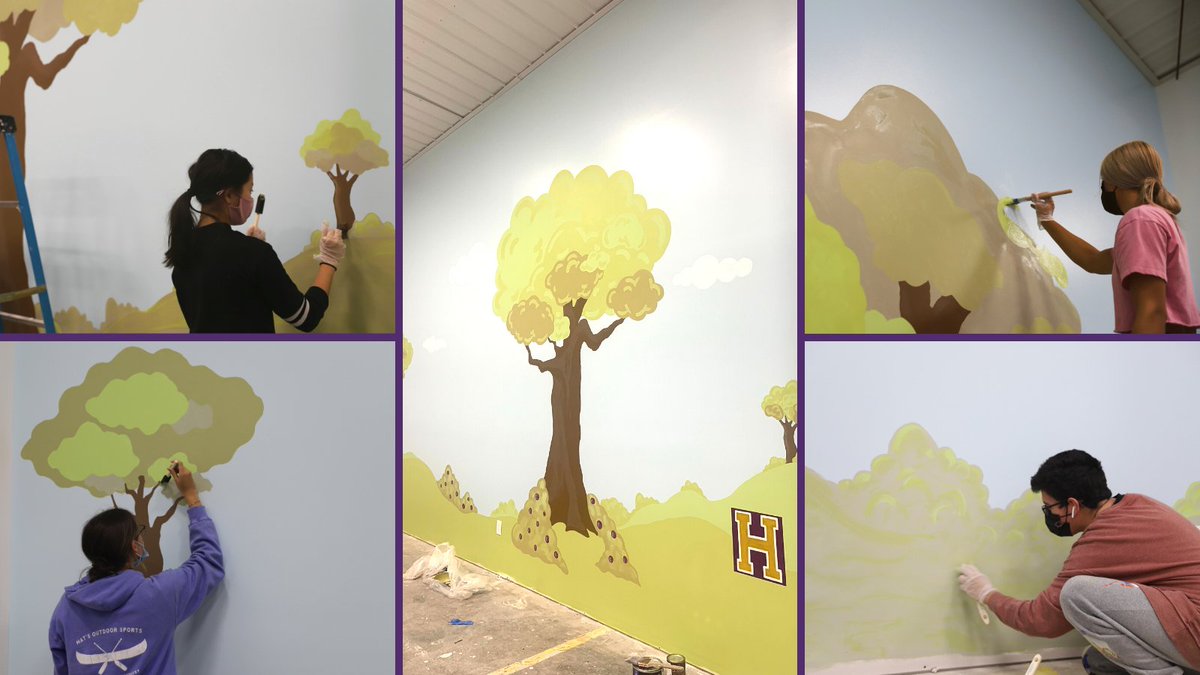 BGISD's tweet photo. BGHS art students Hezekiah Pendley, Rhylea Lawson, Mia Williams, Antony Guillen, and Sophia Dant with their teacher, Ms. Diedrich, have painted a park scene mural for the @AsscNPedTherapy in BG. The office offers pediatric speech, physical, and occupational therapies. https://t.co/77dFtj7uEb