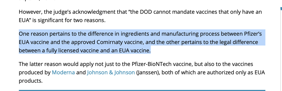 A Federal Judge Rejects DOD Claim That Pfizer EUA &amp; Comirnaty Vaccines Are ‘Interchangeable’ childrenshealthdefense.org/defender/judge…