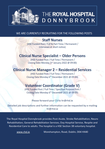 RoyalDonnybrook's tweet photo. We currently have a number of vacancies across our service. 
- Staff Nurses
- CNS Older Persons
- CNM2 Residential
- Volunteer Coordinator
If you are interested in joining us send your CV to hr@rhd.ie
 @HSELive @HSE_HR @lavellejohn @reshkachappilly @Maruska5678 @GopinathanAnu https://t.co/VSipXfR0EJ