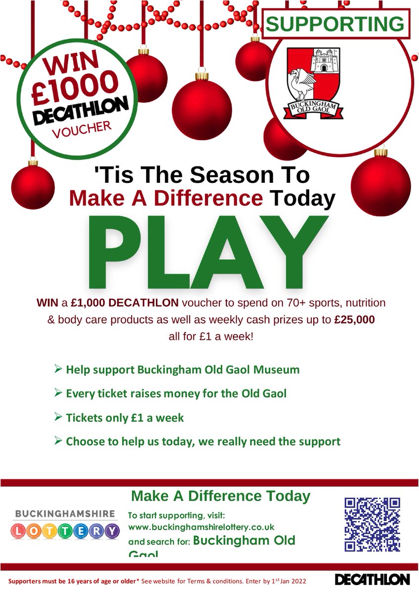 If you don't play our lottery yet, now is a great time to sign up, from only £1 a week and directly support the Old Gaol via the <a href="/BucksLottery/">Buckinghamshire Lottery</a>: buckinghamshirelottery.co.uk/support/buckin…