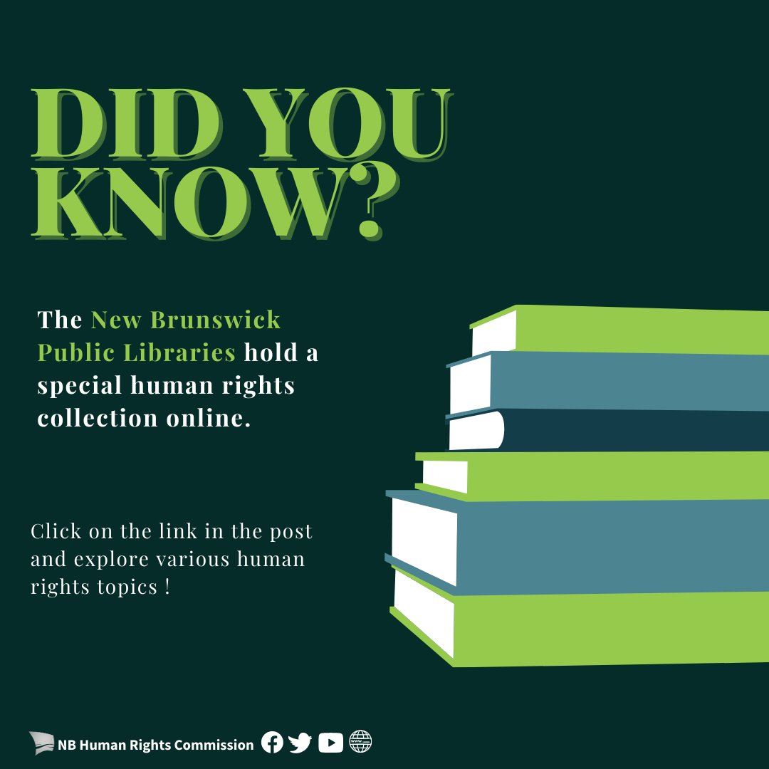 Interested in learning more about human rights? The New Brunswick Public Libraries offer an online human rights themed library collection! 

Discover the numerous items in the public library collection by clicking here: nbpl.ent.sirsidynix.net/client/en_US/d…