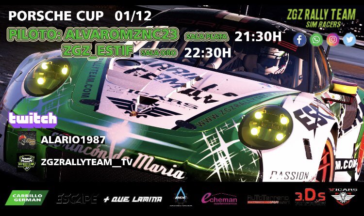 Esta noche nos os perdáis la Porsche SuperCup <a href="/ZGZRallyTeam/">ZGZ RALLY TEAM Simracers</a> sala plata zgz @AlvaroMZNC23 y a continuación sala oro <a href="/ZGZ_Estif/">Estif</a> con zgz Ekatombe <a href="/CardenosoDaniel/">ekatombe85</a> <a href="/alario1987/">Alario87 TV</a> en la retransmisión mucha suerte 🍀 a todos vamos <a href="/ZGZRallyTeam/">ZGZ RALLY TEAM Simracers</a>