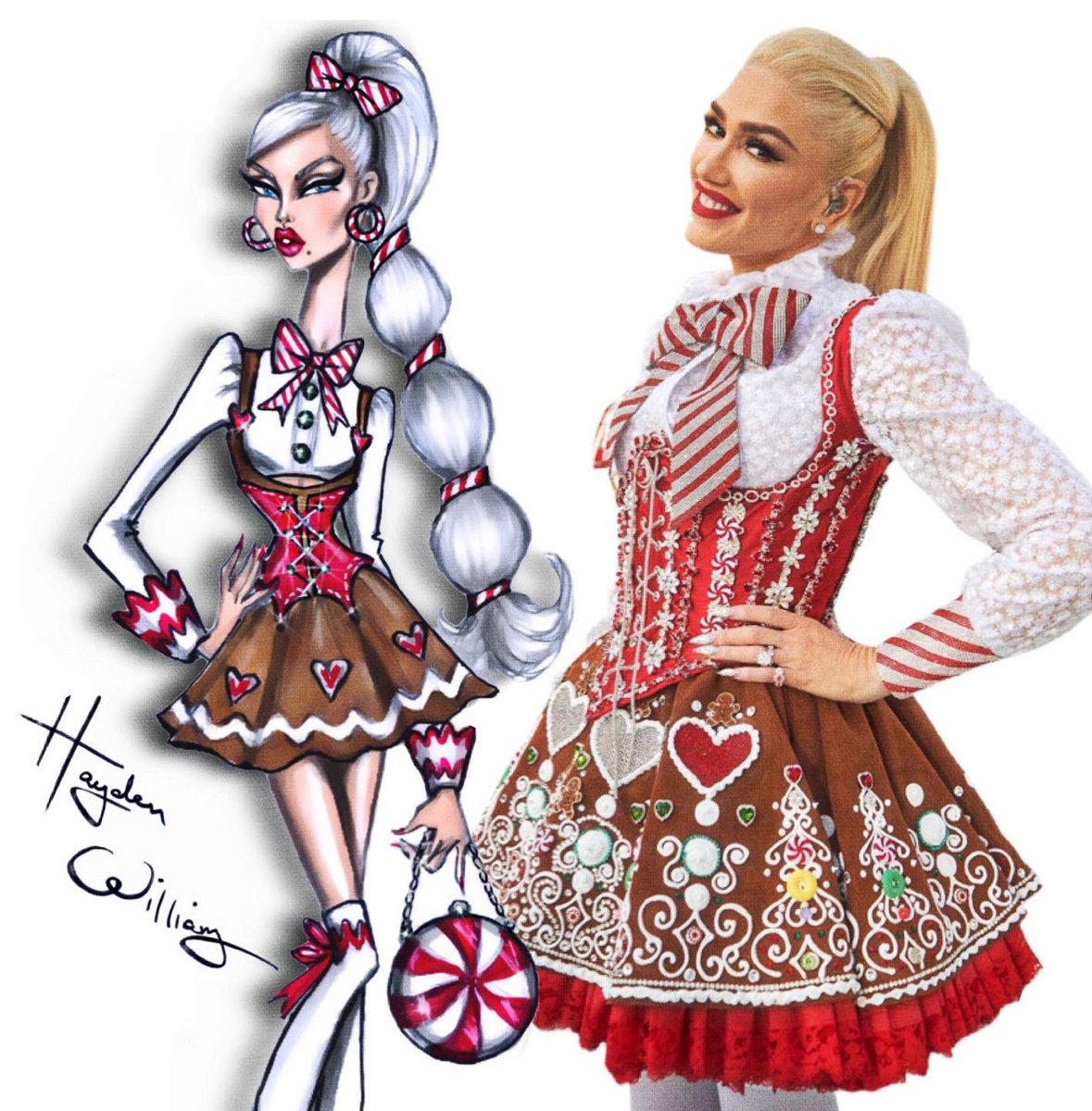 Wow!!! The iconic @gwenstefani performing at @Disneyland wearing this piece inspired by my #FestiveFashionistas illustration from 2016 ❤️🤍🤎
Styled by Marta Del Rio & brought to life by Laurel DeWitt 
#GwenStefani #YouMakeItFeelLikeChristmas #DisneyHolidayCelebration #Disney