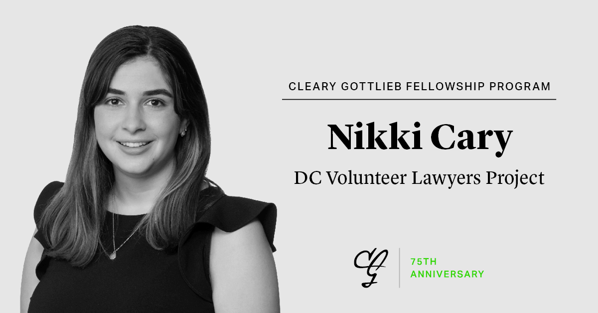 ClearyGottlieb's tweet photo. To celebrate the inaugural class of the #ClearyFellowshipProgram, #ClearyGottliebProBono is recognizing Nikki Cary’s dedicated work at the DC Volunteer Lawyers Project (@DCVLP). To learn more, click here: https://t.co/V5p8XCsL6X #ProBonoMatters https://t.co/3eTe6FBq7j