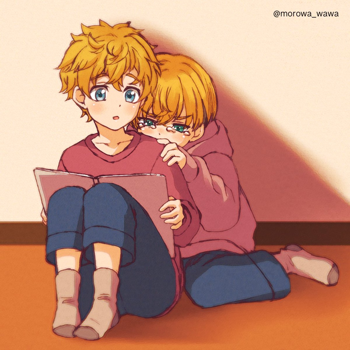 2boys blonde hair multiple boys blue eyes male focus siblings socks  illustration images