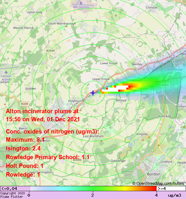 plumeplotter's tweet photo. Latest Alton incinerator plume plot, 15:50 01/12/21 #Isington #HoltPound #Rowledge https://t.co/VMzYTwGnPN https://t.co/yraehSb2n3