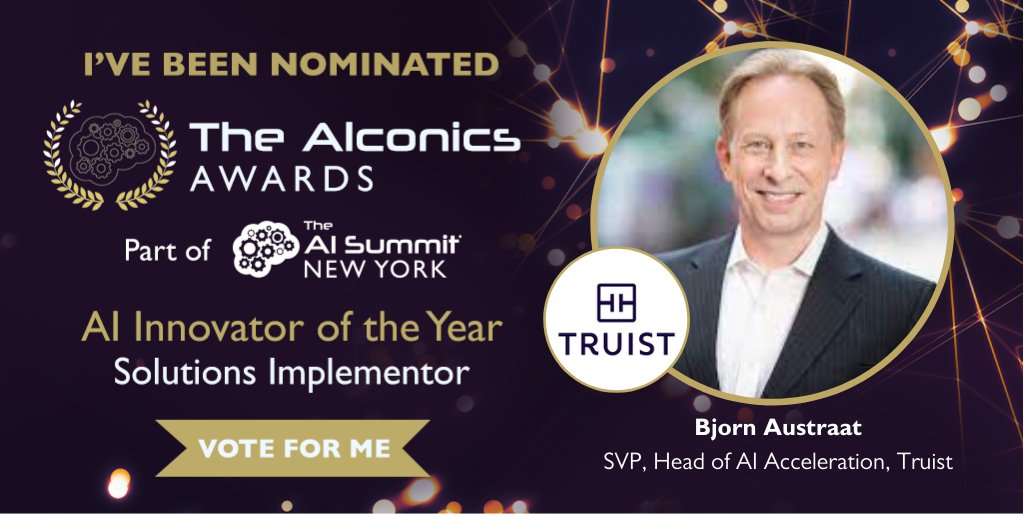 AIMLWorld's tweet photo. The AI Innovator of the Year award is now open for voting!
 
Vote for Bjorn Austraat, SVP, Head of AI Acceleration, @TruistNews. The winners will be announced at the #AISummit New York, December 9.

Vote now: https://t.co/dYB2UJotrn https://t.co/48edHJX2LW