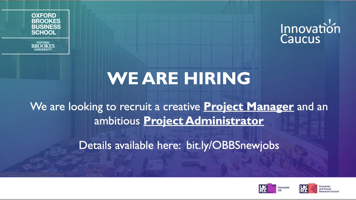 timvorley's tweet image. The @InnovCaucus is looking to hire a new project manager and project officer - all about #SocialScience and #Innovation - based @BrookesOBBS  but scope to work remotely - for more details see: bit.ly/OBBSnewjobs