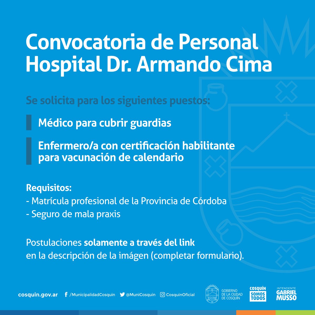 ✔ CONVOCATORIA DE PERSONAL DE SALUD 

👉¡Inscribite! Completa el formulario correspondiente. 

Personal para cubrir guardias: 
forms.gle/bJpMKFjTytfzxc…
Personal de enfermería:
forms.gle/6M8KrP2tZwmTUt…