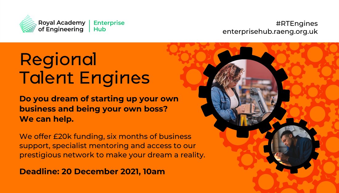 Know a skilled recent FE graduate or a practising engineer who wants to be their own boss? We can help!

Turn your business dream into a reality - now accepting applications in Northern Ireland, north west England, north east England: enterprisehub.raeng.org.uk/programmes/reg… #RTEngines