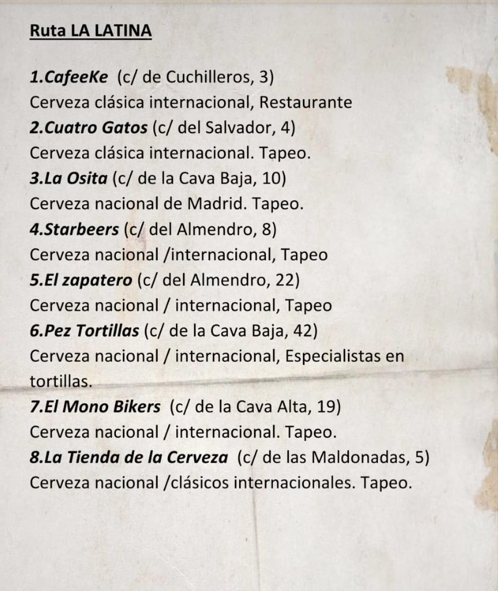 🍻Ruta LA LATINA🍻

<a href="/CafeekeMadrid/">Cafeeke</a>
@barcuatrogatos
@laositamadrid <a href="/osobrewco/">Oso Brew Co</a>
<a href="/starbeer/">josh rubin</a> 
@elzapaterotaberna 
<a href="/peztortilla/">peztortilla</a>
@elmonobeer 
<a href="/LTCerveza/">LT Cervezas</a>

<a href="/craftesanos/">Craftesanos</a> #cerveza #birra #cerveja #beer #welovebeer #cervezaartesana #cervezaartesanal  #madrid  #craftesanos