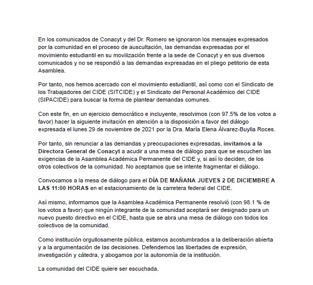 AsambleaCide's tweet photo. #YoDefiendoElCIDE Derivado de los acuerdos tomados por votación el día 30 de noviembre de 2021, con la participación de 160 profesores y otros integrantes del personal académico del CIDE, la Asamblea Académica comunica: https://t.co/hiUvglfGBR