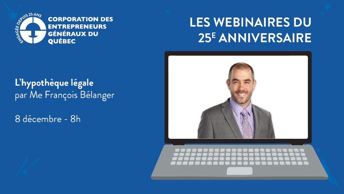 LaveryAvocats's tweet image. Le 8 décembre prochain, notre associé, François Bélanger, partagera ses connaissances et son expertise sur l’hypothèque légale dans le cadre d'un webinaire organisé par @LaCEGQ. #hypothèque #entrepreneurs

Inscrivez-vous ici 👇
ow.ly/TCwy50H14sU