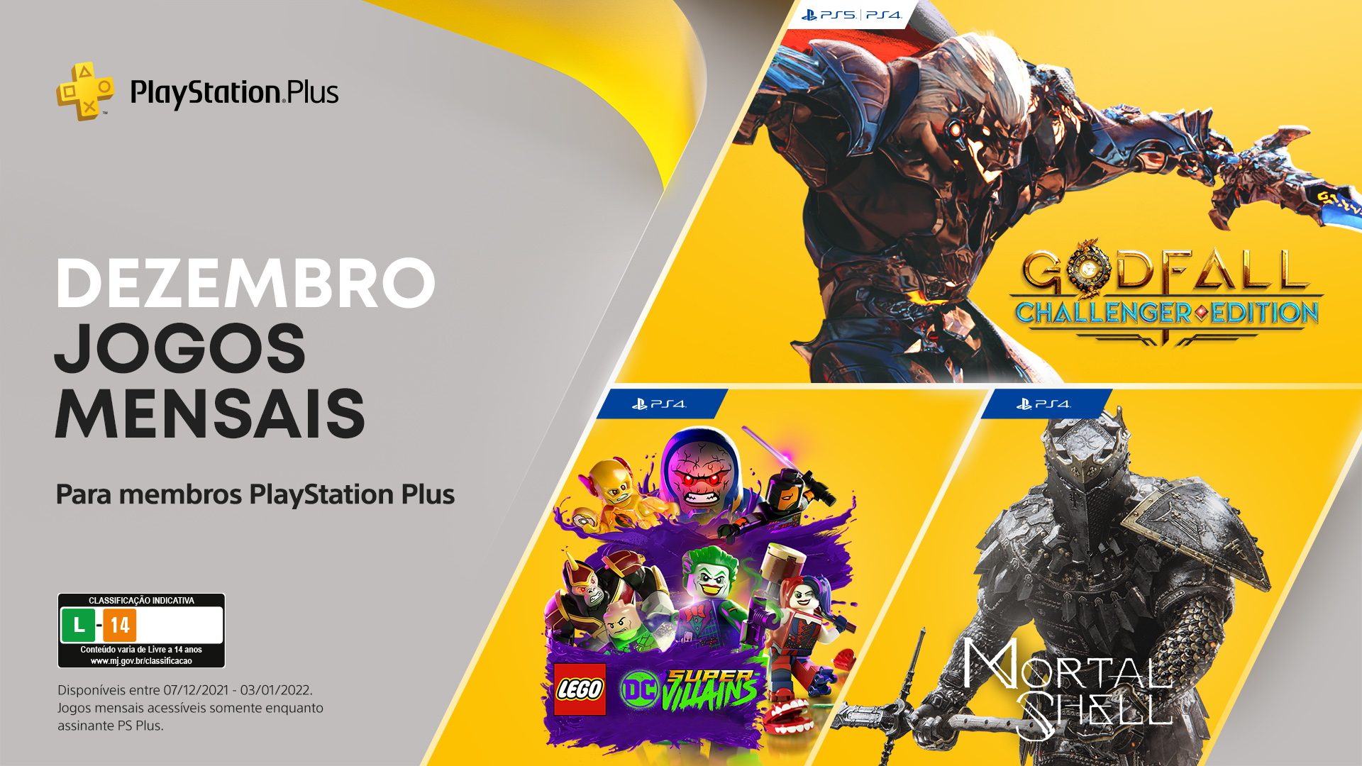 Jogos mensais PlayStation Plus (PS Plus) de dezembro: Godfall: Challenger Edition, Lego DC Super Villains, Mortal Shell
