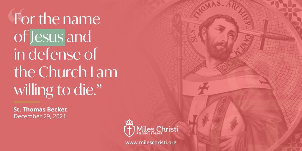 MilesChristiUS's tweet photo. St. Thomas Becket has much to teach us about standing firm in our Catholic faith and not yielding in times of trial. Nine hundred years after his death, Becket is still a good example of what it means to be a truly devout man.

#mileschristi #catholic #mcusa https://t.co/OQuyqrn3vm