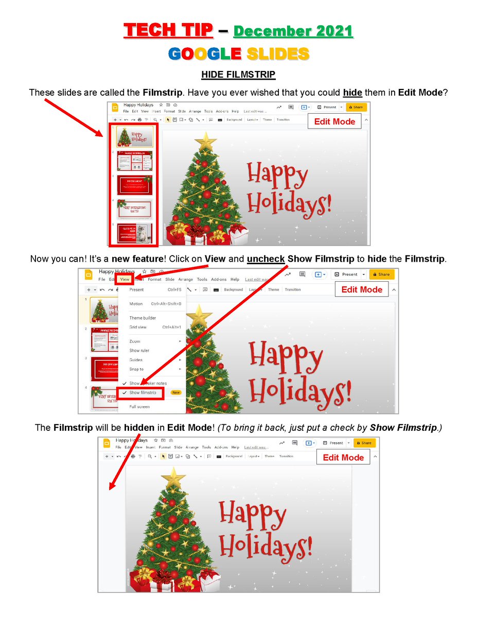 beauteseeAISD's tweet photo. #TechTreatTip of the Month - DECEMBER 2021 - Being able to HIDE the FILMSTRIP in #GoogleSlides is a GIFT that many have wished for! #TechTreats 
template: @SlidesManiaSM https://t.co/nMybBflS9n