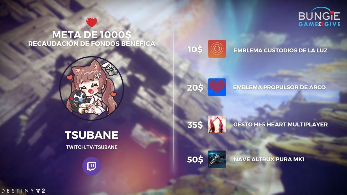 Voy a estar participando en la recaudación de fondos benéfica #Game2Give 2021 de <a href="/BungieLove/">Bungie Foundation</a>💗.

Puedes ganar estas increíbles recompensas en #Destiny2 donando para apoyar esta gran causa. 

💙Nuestra meta es de 1000$ para el 15 de Diciembre.

💌Dona aquí: bungiefoundation.donordrive.com/index.cfm?fuse…