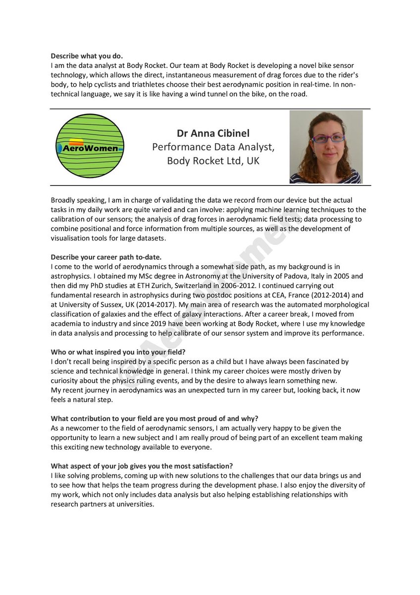 AeroWomen's tweet image. Meet Dr Anna Cibinel, Performance Data Analyst at @BodyRocketCC. Anna is applying data analysis &amp;amp; machine learning techniques for aerodynamic field tests of a novel instantaneous drag measurement technology #WomeninSTEM #WomensCycling #WomeninTech