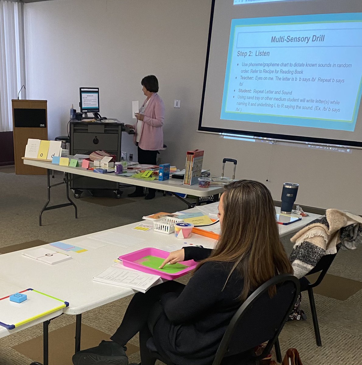 Structured Literacy training today! Participants practicing the sand drill to incorporate multi-sensory approaches to reading. <a href="/KEDC1/">KEDC</a> <a href="/lbbl28/">lacey back</a> #YourPartnerInEducation