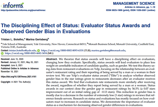 tristanbotelho's tweet photo. New paper with @marinambgg (https://t.co/EdmaktXWGk open access @informs)
 
How do evaluators react to status awards? 

Receiving a status award has a disciplining effect reducing the level of observed gender bias by more than half due to reducing the number of low ratings 1/n https://t.co/7vBEaFfTUv