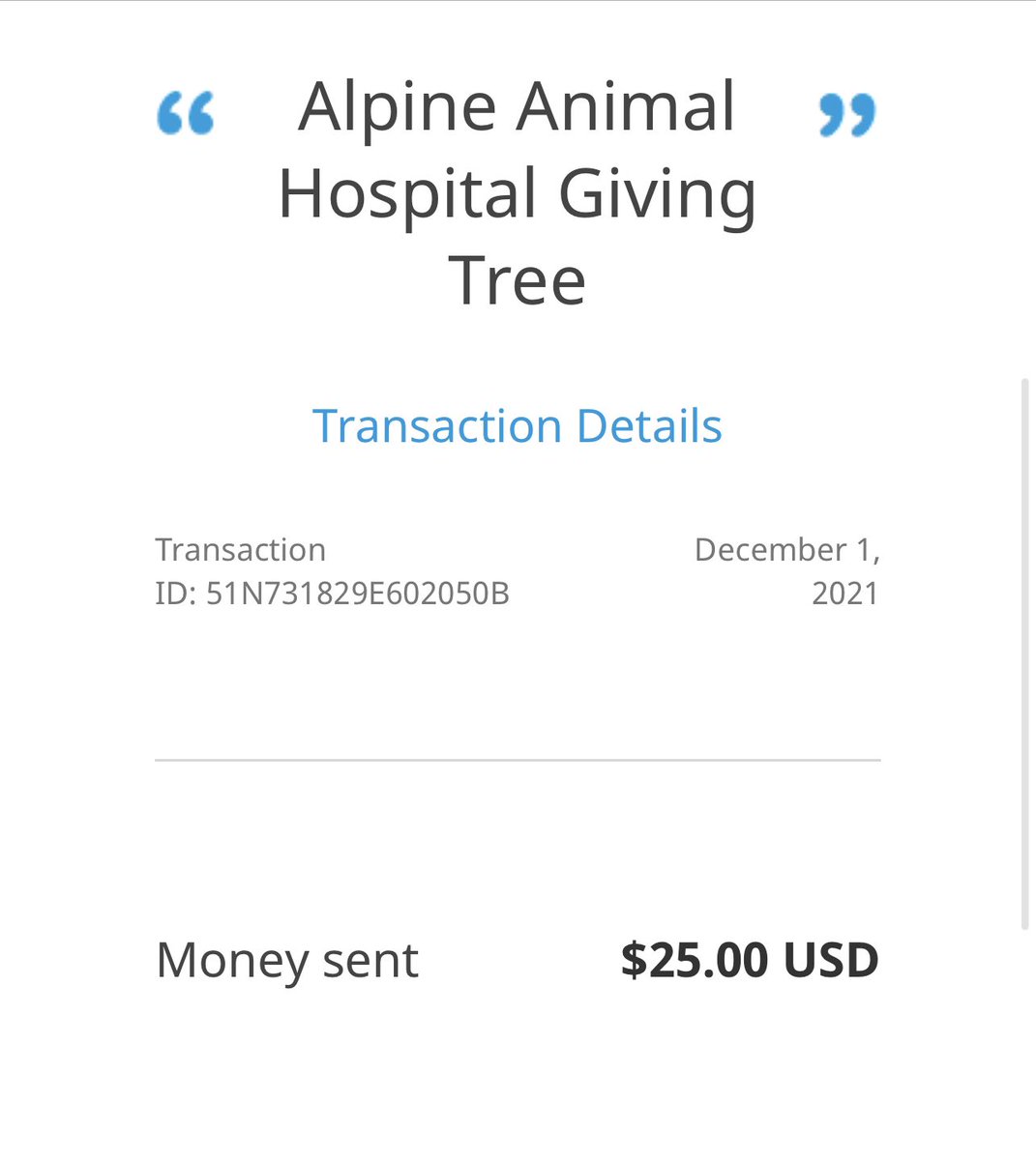 Without your support we wouldn’t be making donations like these! ❤️❤️❤️ $100 to @TheGoldenRatio4 and $25 to Alpine Animal Hospital in honor of @tine_theherd 🐾❤️🐶

#GivingTuesday2021 #giving #WednesdayFeeling #wednesdayvibe #donate #dogsoftwitter #dogs #givingtree #SmallBiz