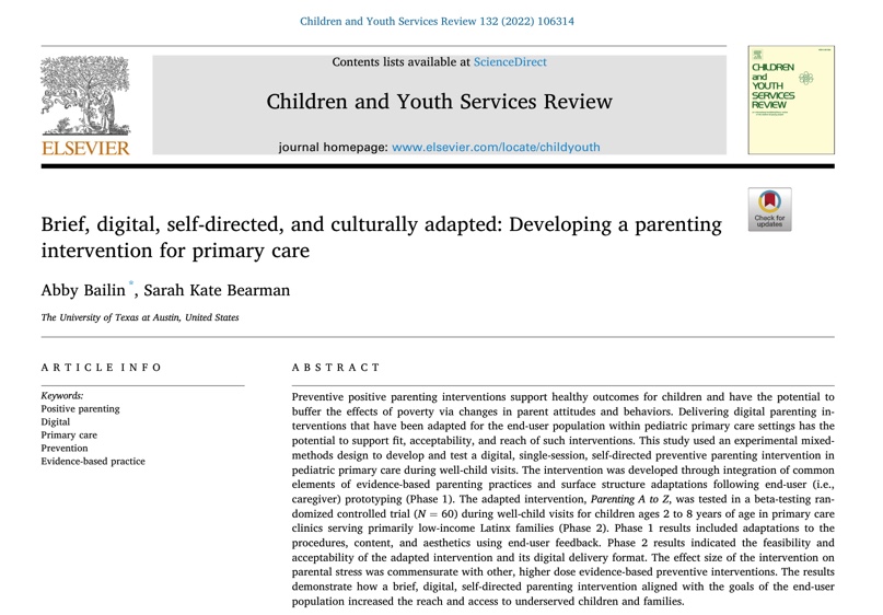Excited abt this pub describing <a href="/LEAPLabUT/">LEAP Lab @ UT Austin</a> &amp; <a href="/AbbyBailin/">Abby Bailin</a> 's collaboration with families &amp; providers from FQHCs to develop PAZ--a brief, digital, culturally adapted parenting program for primary care. Thanks to <a href="/mackert/">Mike Mackert</a> &amp; <a href="/chasp_lbj/">Center for Health and Social Policy</a>! 
authors.elsevier.com/a/1eAa9_4La8U~…