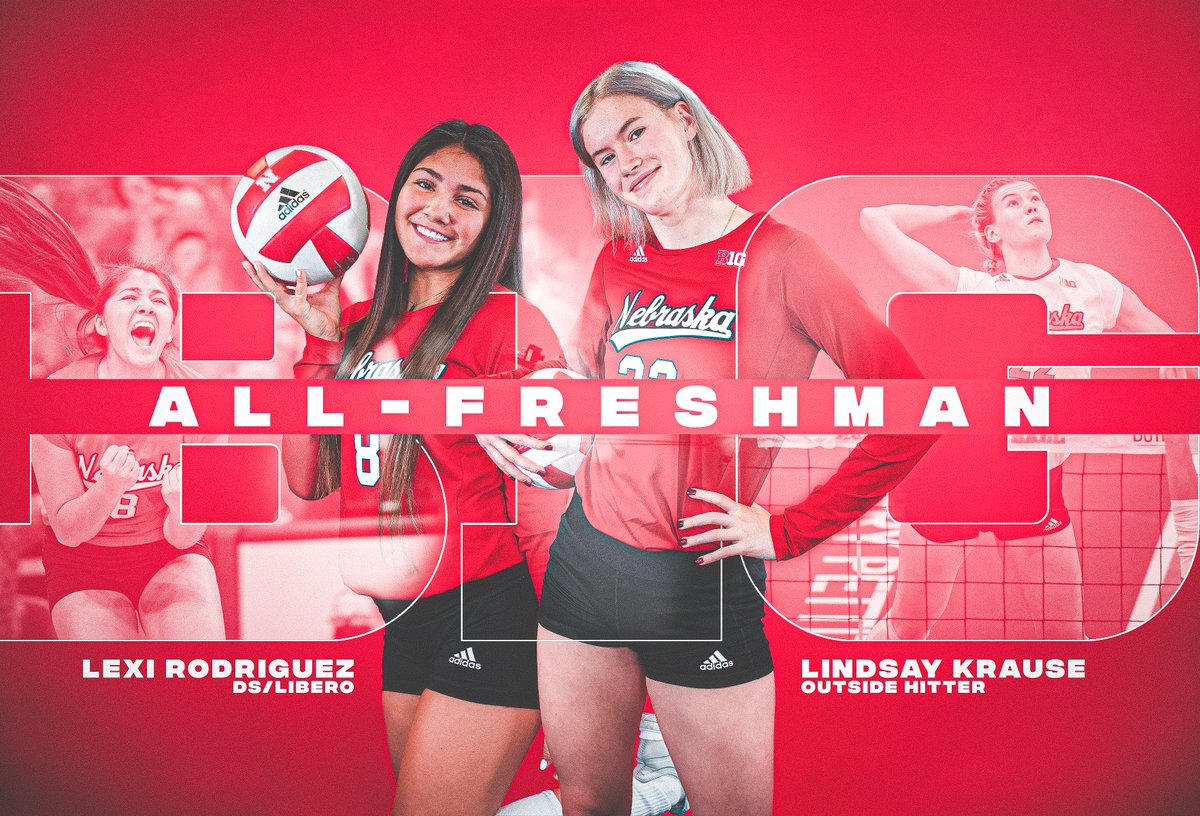 HuskerVB's tweet photo. 📢 she's a freshmannnnnnn

give us your best guess husker nation - how many times did you hear that this season?

#B1G All-Freshman Team: @Alexis14Rod, @lindsaykrause_ 🎉🎉 https://t.co/OBRQCPQ8wk