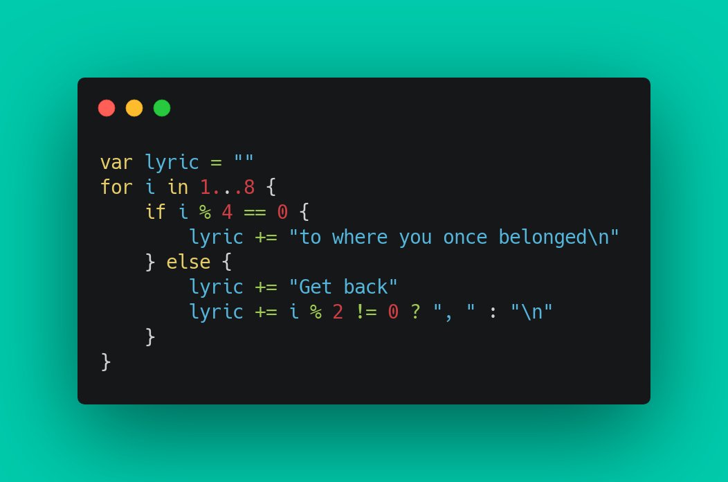 martzjr's tweet photo. Practicing loops &amp; conditions with classic Beatles lyrics.  Get Back Jojo! #100DaysOfSwiftUI https://t.co/OQ2E3InehO