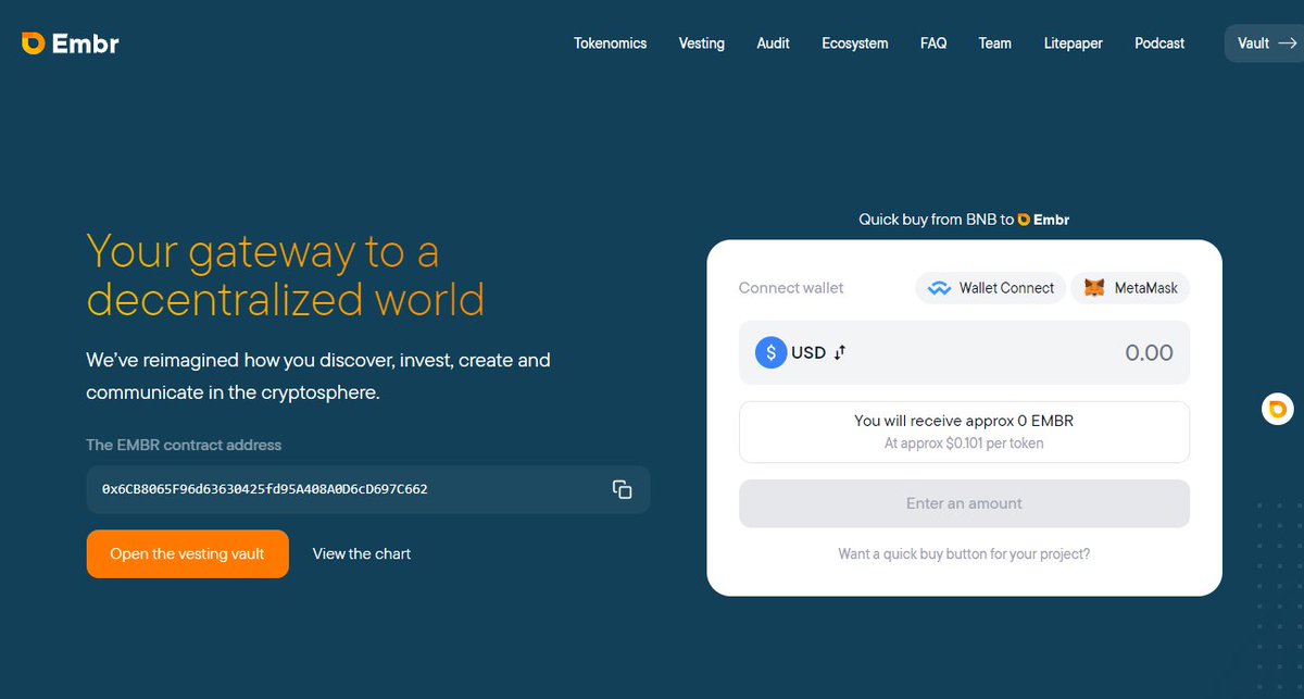 $Embr token can now be purchased directly through our exclusive Web3 UI on JoinEmbr.com

✅With 0% Tax on buys, sells or trades, Embr makes trading easy!

✅Find out how fast and easy it is to buy Embr today!

#JoinEmbr #Bitcoin #BSC #shiba #Binance #Saitama #BTC #BTC