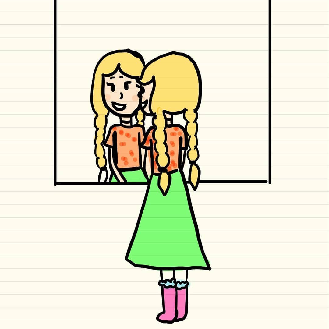 GinsterNFT's tweet photo. (Jun2020) This is one of Gin’s earliest works of reflections. I used to wonder why she always looks in the mirror and draws. She notices something and puts it on her drawings, I guess. https://t.co/bE1uqdLM1J
