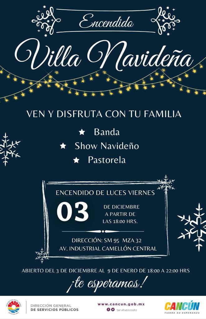 AytoCancun's tweet photo. 🎊Encendido Villa Navideña🎄
Ven y disfruta con tu familia.👨👩👧👦
Banda
Show Navideño
Pastorela
Encendido de luces 🗓 viernes 3 de diciembre a partir de las ⏰ 18:00 horas.
📍#SM95 manzana 32 Av. Industrial Camellón Central.
¡Te esperamos! https://t.co/AE8ROiHBWP