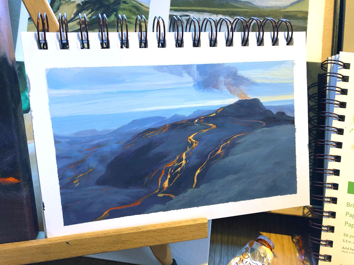 eldfjalladag's tweet photo. (Painting 97/100 - 28.07.2021)
Really cool seeing just how much lava had covered the area!

75% funded! Order the book featuring all 100 paintings where you can follow the eruptions amazing growth &amp; change! Don't miss out:
https://t.co/BsUCNtjZMD
#icelandtravel #landscapepainting https://t.co/3dsE3ggRcZ