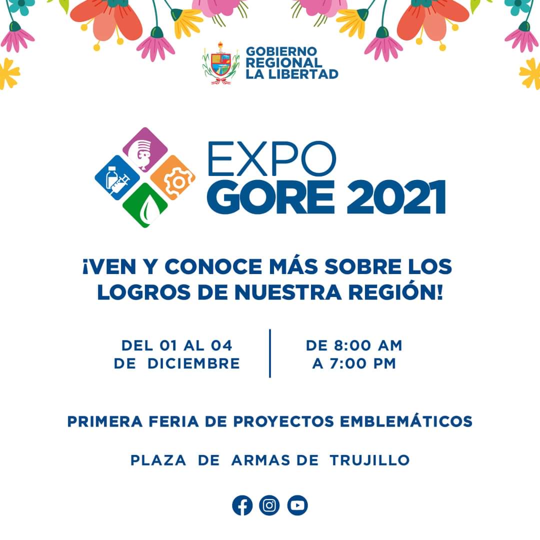 GRLaLibertad's tweet photo. 🇵🇪CONOCE LOS PROYECTOS QUE VENIMOS TRABAJANDO EN NUESTRA REGIÓN
✅Ven a nuestra Plaza mayor de #Trujillo y visites nuestra ExpoGORE 2021, en el que conoceras lo que el #GRLL viene trabajando por la prosperidad de los liberteños.
#LaLibertadEnLosOjosDelPerú #GoreEjecutivo https://t.co/Nm3Fow7YD6