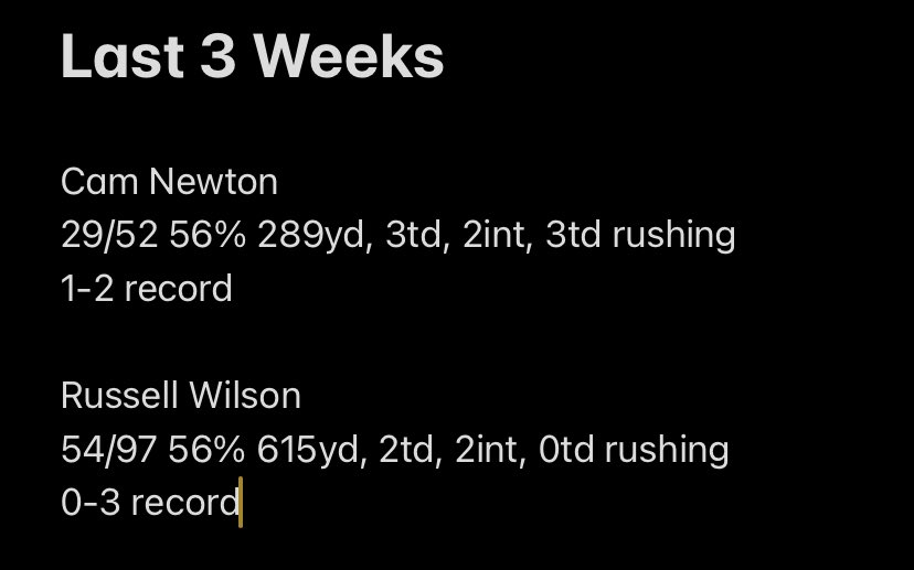 But “Russell Wilson hasn’t been playing and has a bad OL” and “Cam Newton has bad mechanics and can’t play football anymore”