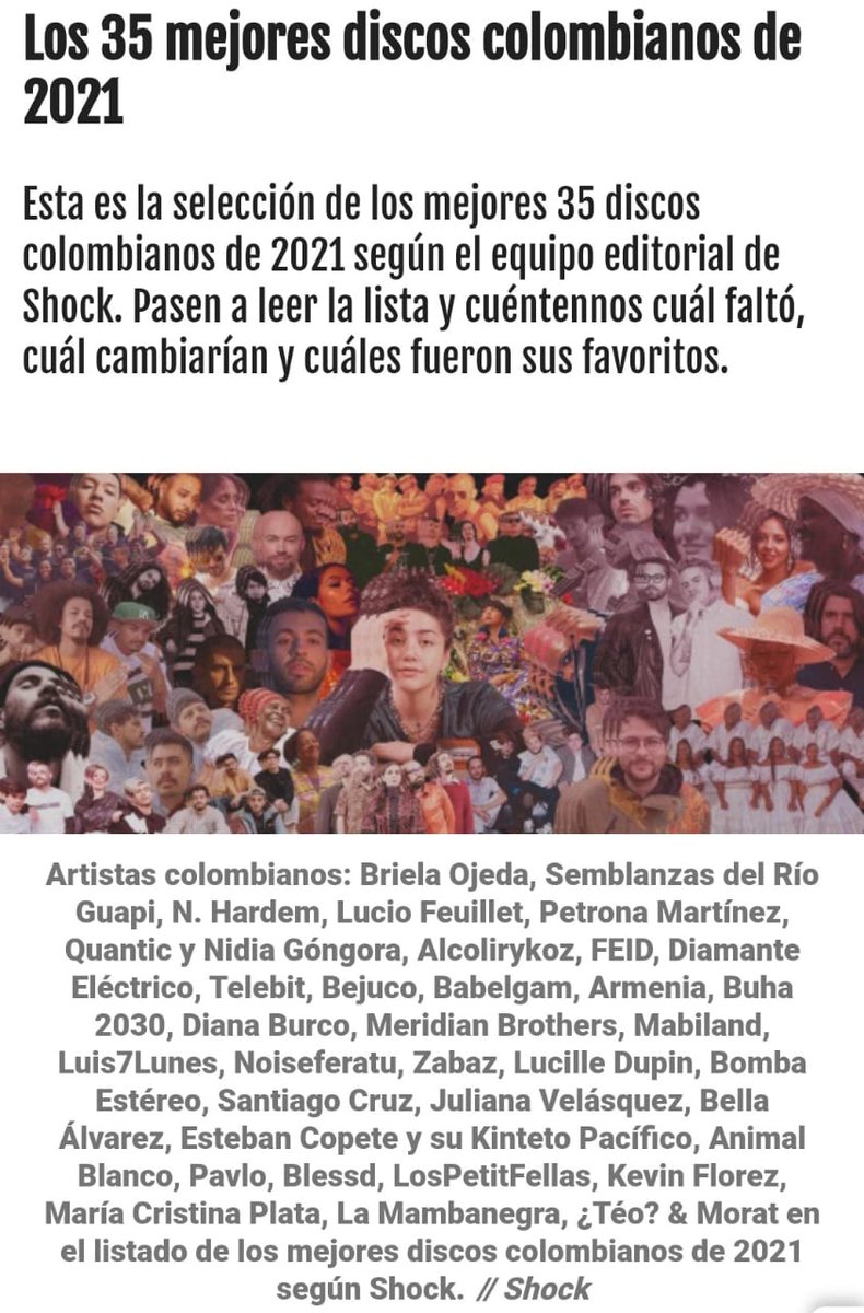 Estamos muy felices de esta selección realizada por la Revista Shok 
#TerritoriosdeOportunidad <a href="/USAID_Colombia/">USAID/Colombia</a> <a href="/DiscosPacifico/">Discos Pacífico</a> <a href="/Cerrero_/">Cerrero</a> <a href="/eprietoco/">Edgar Prieto</a>