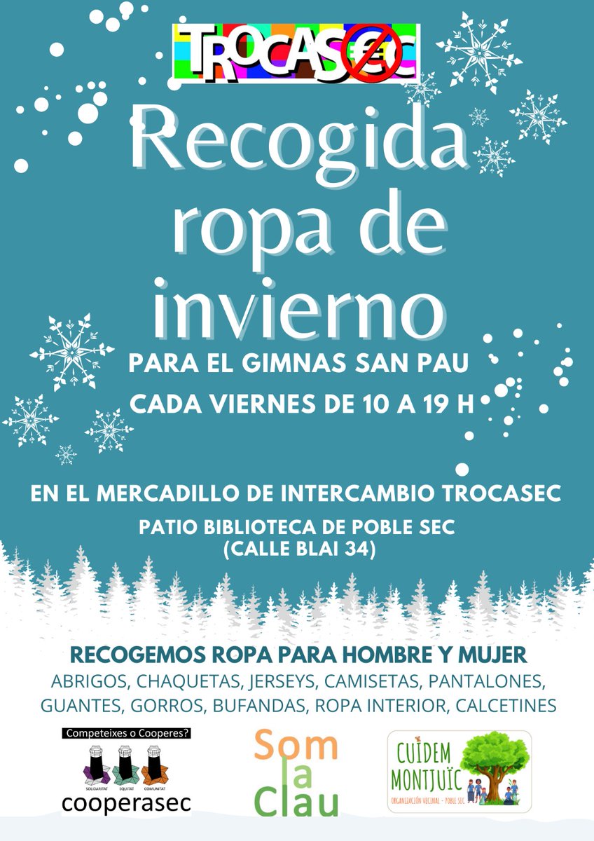 Gimnàs Social Sant Pau (@salvemelsantpau) on Twitter photo Mercadillo de Intercambio TrocaSec: recollida de roba pel #GimnàsSocialSantPau 😍. Intercanvia i dona vida a allò que ja no necessites.
👉🏿Div. laborables no festius de 10-19h. Biblio de Poble Sec (Blai 34). Més info a @xarxatrocasec
<a href="/CooperaSec/">CooperaSec</a> <a href="/Somlaclau_ass/">Som la Clau</a> <a href="/cuidem/">Cuidem</a>.montjuïc Mercadillo de Intercambio TrocaSec: recollida de roba pel #GimnàsSocialSantPau 😍. Intercanvia i dona vida a allò que ja no necessites.
👉🏿Div. laborables no festius de 10-19h. Biblio de Poble Sec (Blai 34). Més info a @xarxatrocasec
<a href="/CooperaSec/">CooperaSec</a> <a href="/Somlaclau_ass/">Som la Clau</a> <a href="/cuidem/">Cuidem</a>.montjuïc