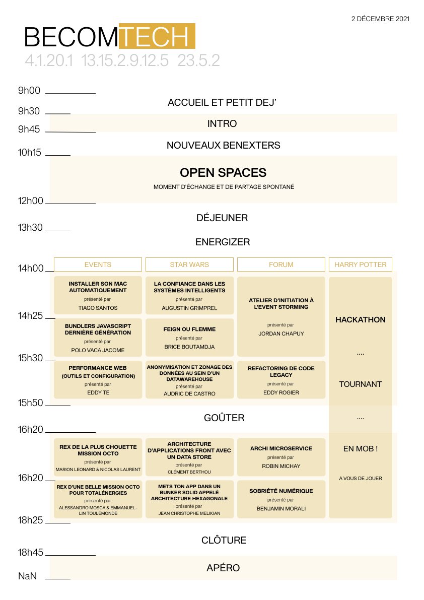 Ça arrive très vite, enfin ! On vous a concocté un magnifique programme pour la journée des communautés tech 😍

<a href="/benextcompany/">BENEXT</a> et <a href="/OCTOTechnology/">OCTO Technology</a>, rendez-vous demain pour ce superbe moment de partage :)