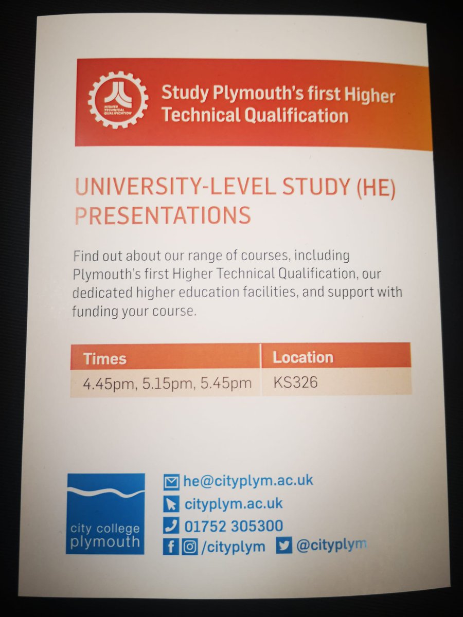 HEcityplym's tweet photo. Come and meet the HE team and find out more about the Higher Technical Qualifications and Degrees you can study @cityplym at our drop in event happening now! #highertechnical #htq #university #degrees https://t.co/tLbYbaTvxM