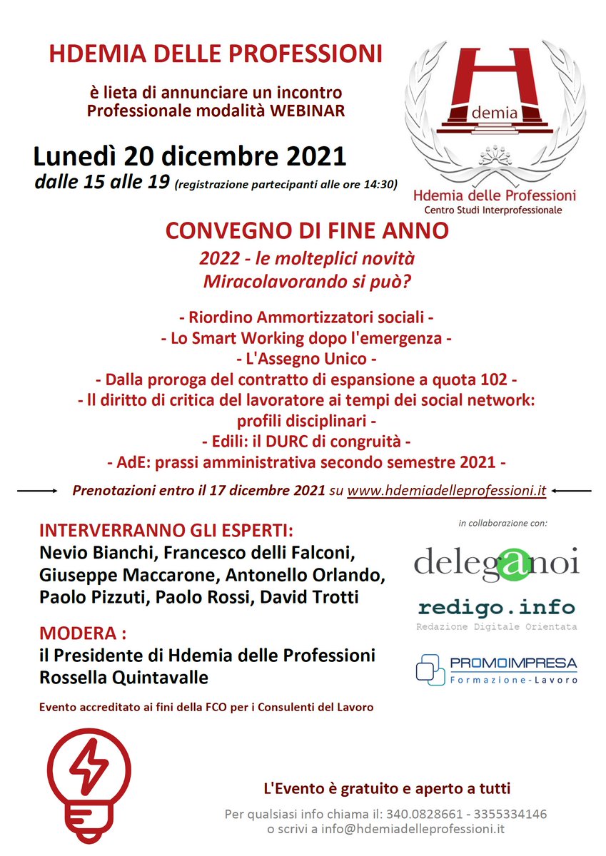 Nonostante tutto, nonostante un anno un po' così,Hdemia non mancherà di confrontarsi sulle prossime novità con il Convegnone di fine anno e i nostri Esimi relatori. Il 20/12/2021 saremo ancora in Videoconferenza in un Evento gratuito e aperto a tutti. hdemiadelleprofessio.it
