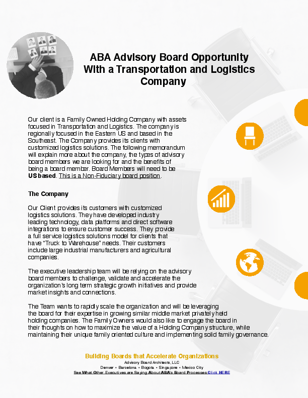 advisory_board's tweet photo. ABA is actively recruiting for a #BoardMember for a Family Owned Holding Company with assets focused in #Transportation and #Logistics. This is a US-based, non-Fiduciary position. To learn more about this opportunity reach out to bob@advisoryboardarchitects.com. #HighImpactBoard https://t.co/6I5pZED4br