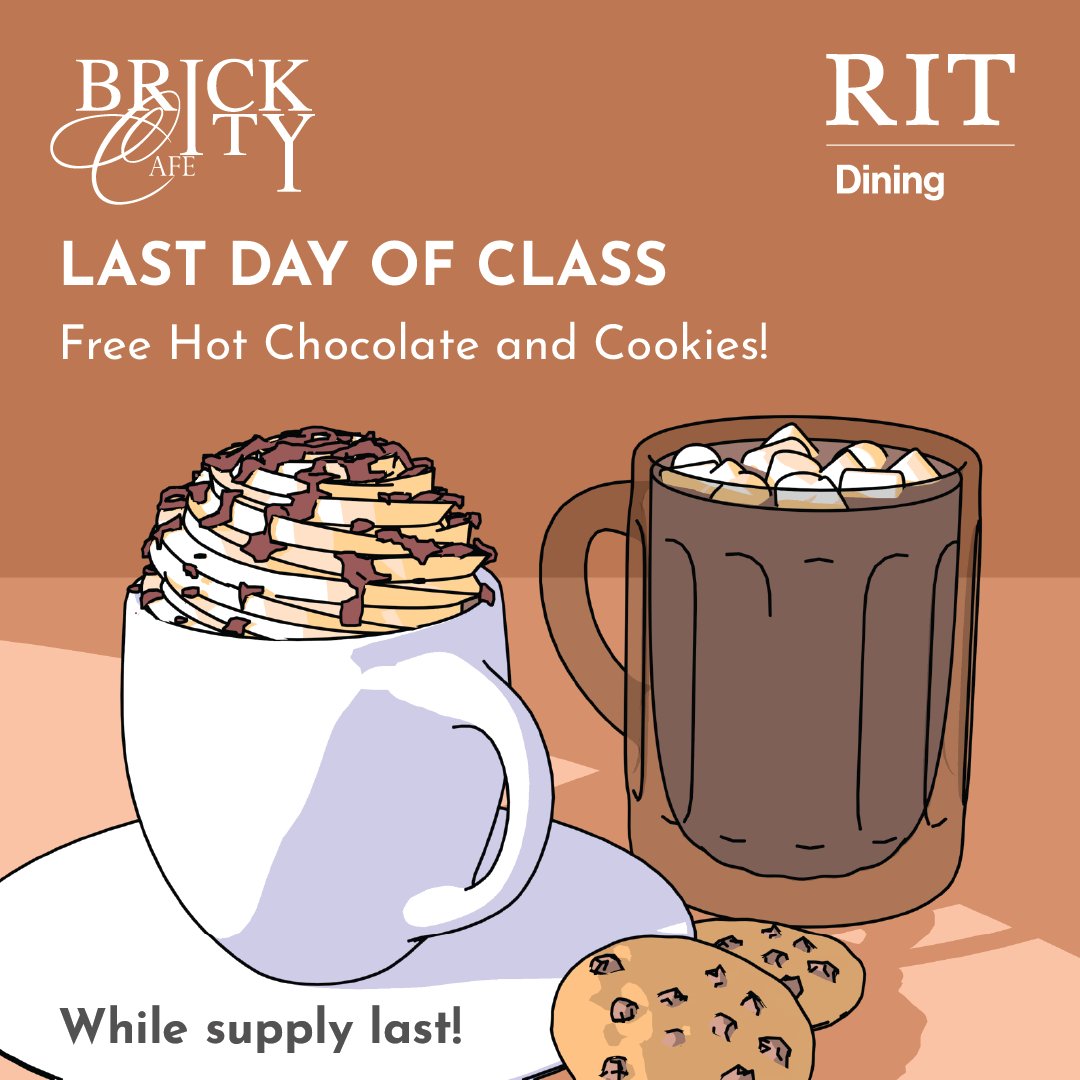Come to Brick City Cafe this Monday, Dec. 6, 11-1 p.m. to celebrate the end of the semester with a delicious cup of hot chocolate and a cookie. For more information, check out bddy.me/3o9Rtgj. Don't forget to bring your friends! ☕🍪