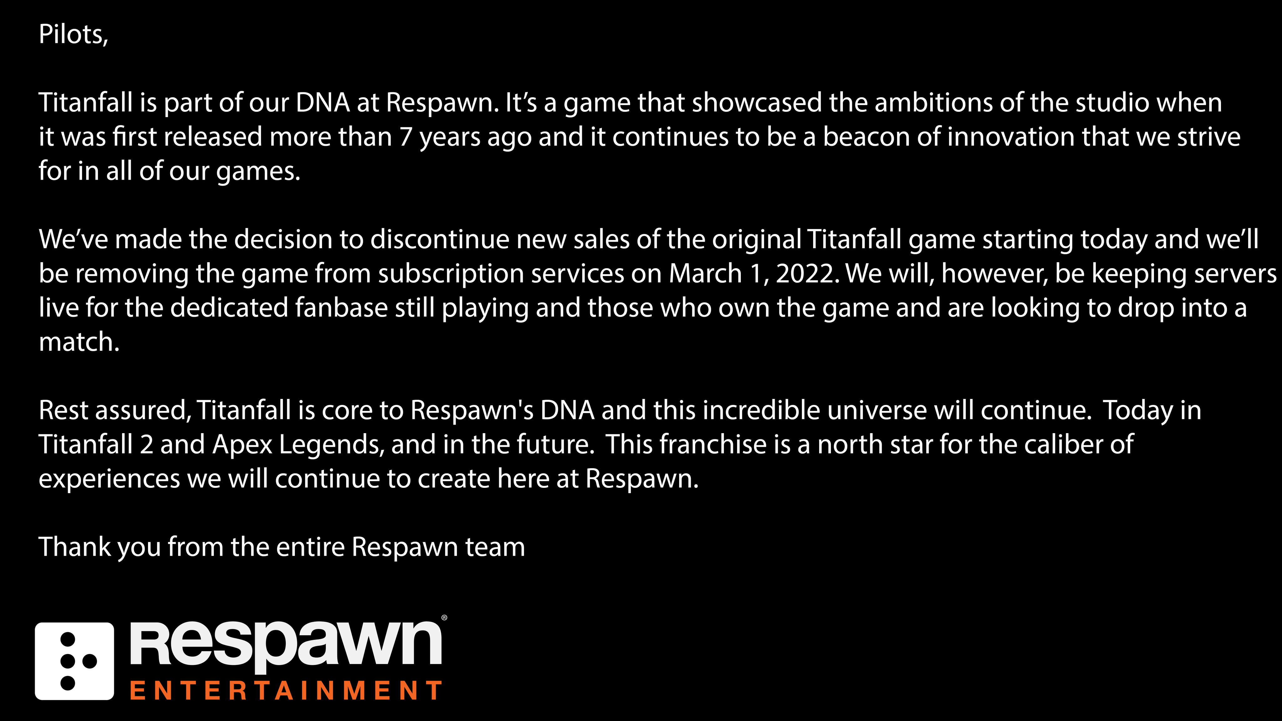 Respawn's message to Titanfall fans