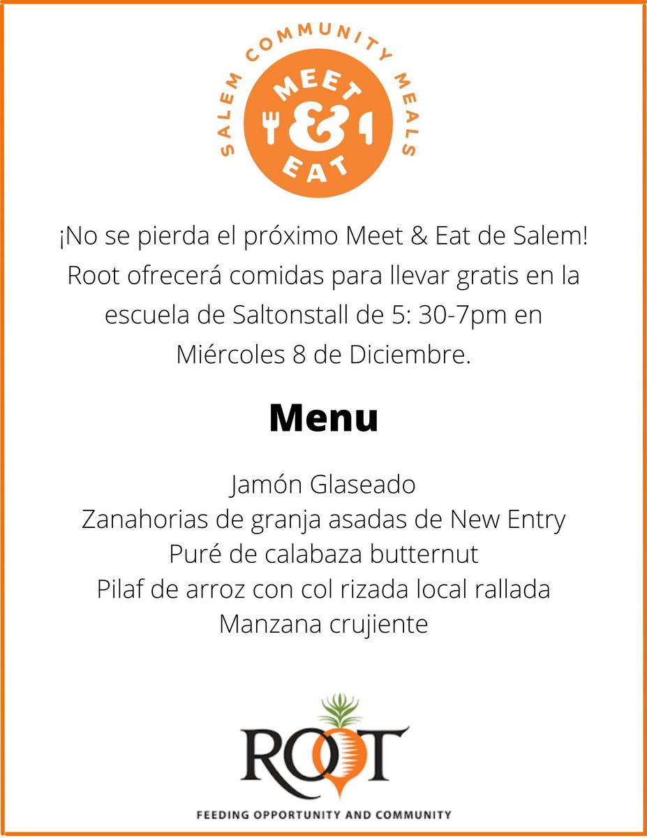 SalemMALibrary's tweet photo. Don't forget to mark your calendar! The next Salem Meet & Eat is next Wednesday 12/8 from 5:30-7pm at the Saltonstall School. Stop by to get a free grab-and-go meal and say hello to friends and neighbors. #DinnerSolved
#SalemMA #community #meals https://t.co/ahnIuT9jBX