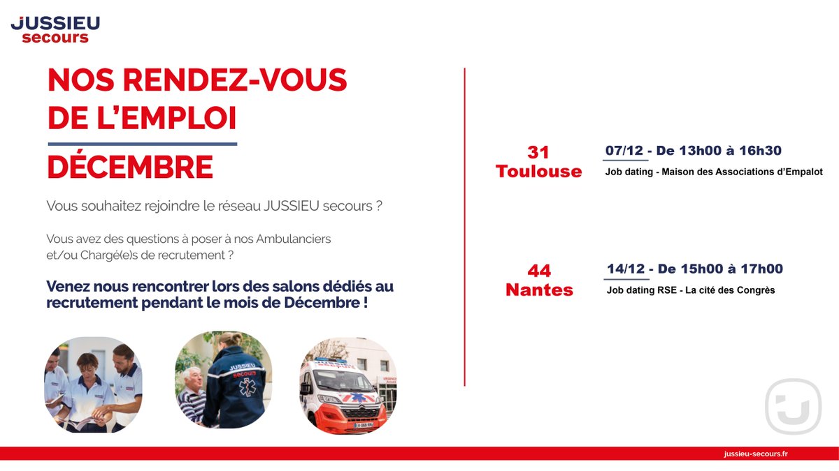 En décembre, retrouvez JUSSIEU secours lors des salons dédiés au recrutement ! 🚨🚑

#recrutement #emploi
